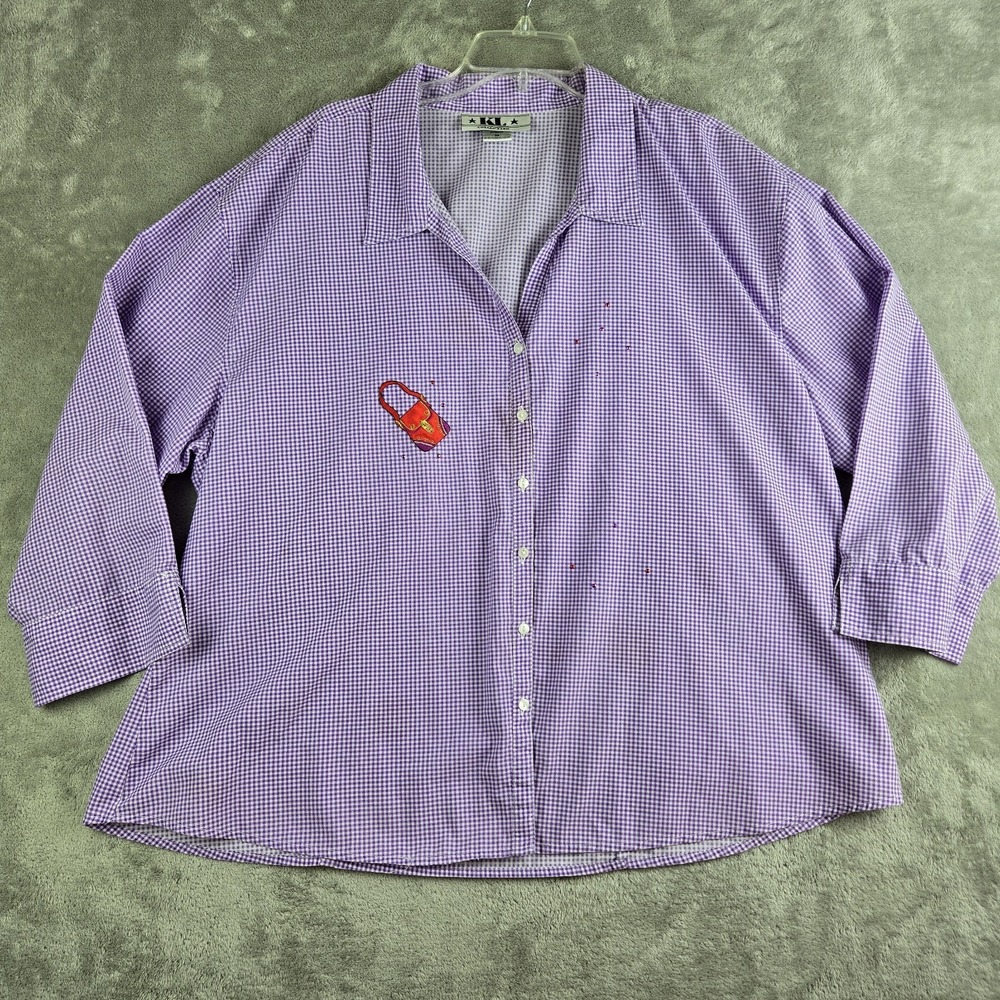 KL Collection Shirt Womens 3X Purple White Gingham Check Embellished Purse Patch